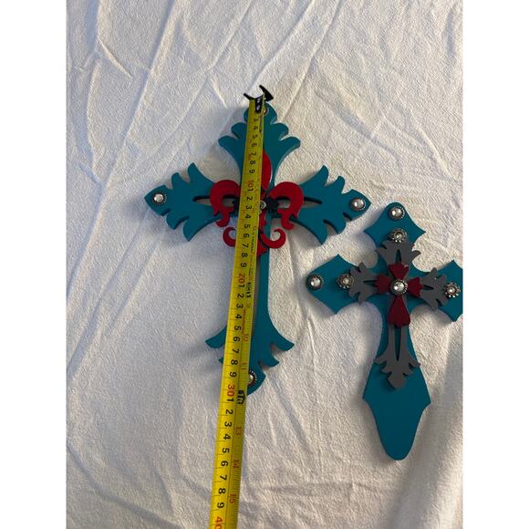 Pair of Turquoise Layered Wall Crosses – Rhinestones & Red Fleur-de-Lis - Picture 4 of 7